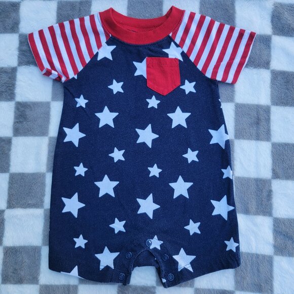 Patriotic Cotton American Flag Snap Pocket Shorty Romper Size 0-3m - Picture 1 of 4